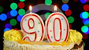 Number 90 Happy Birthday Cake Witg Burning Candles Topper.