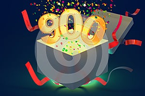Number 900 inside gift box with confetti and shiny light, 3D rendering