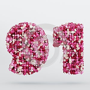 Number 91 3D Text Illustration, Digits With Pink And Cream Colors Stars, 3D Render