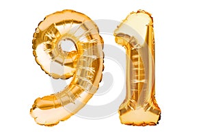 Number 91 ninety one made of golden inflatable balloons isolated on white. Helium balloons, gold foil numbers. Party decoration,