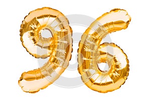 Number 96 ninety six made of golden inflatable balloons isolated on white. Helium balloons, gold foil numbers. Party decoration,