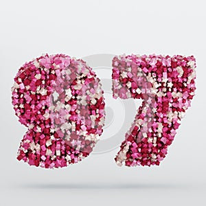 Number 97 3D Text Illustration, Digits With Pink And Cream Colors Stars, 3D Render