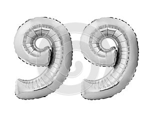 Number 99 ninety nine made of silver inflatable balloons isolated on white background