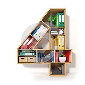 Number 4. Alphabet in the form of shelves with file folder, binders and books isolated on white. Archival, stacks of documents at photo