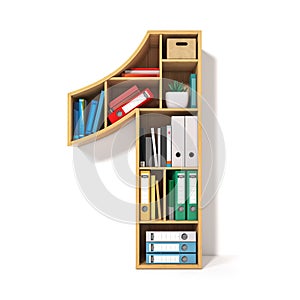 Number 1. Alphabet in the form of shelves with file folder, binders and books isolated on white. Archival, stacks of documents at