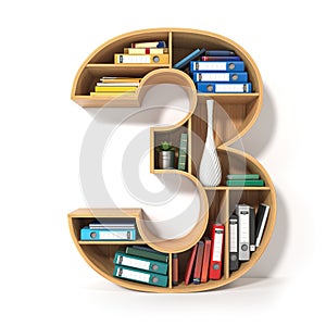 Number 3. Alphabet in the form of shelves with file folder, binders and books isolated on white. Archival, stacks of documents at photo