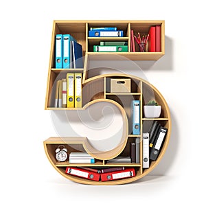 Number 5. Alphabet in the form of shelves with file folder, binders and books isolated on white. Archival, stacks of documents at photo