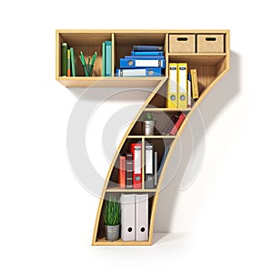 Number 7. Alphabet in the form of shelves with file folder, binders and books isolated on white. Archival, stacks of documents at photo
