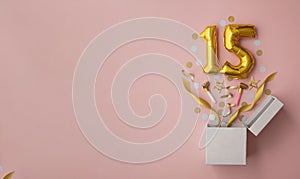 Number 15 birthday balloon celebration gift box lay flat explosion