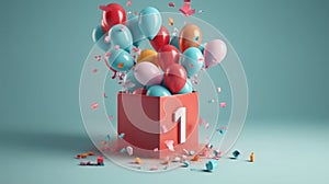 Number 1 birthday balloon celebration gift box lay flat explosion with copy space