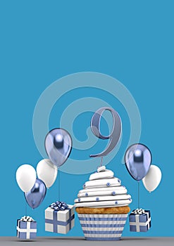 Number 9 blue birthday cupcake with balloons and gifts. 3D Render