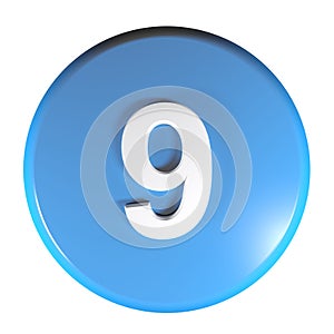 Number 9 blue circle push button - 3D rendering illustration