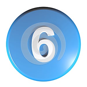 Number 6 blue circle push button - 3D rendering illustration