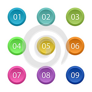 Number Bullet Points Flat Circle button set on white background. Colorful color with number from 01 to 09 for your design. vector