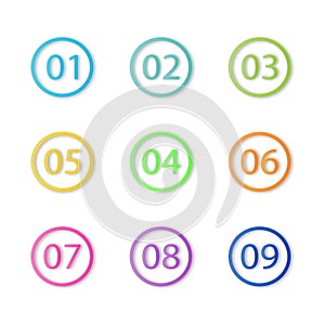Number Bullet Points Flat Circle button set on white background. Colorful color with number from 01 to 09 for your design. vector