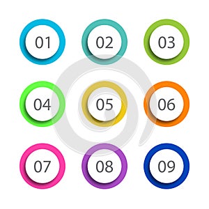 Number Bullet Points Flat Circle set on white background. Colorful color with number from 01 to 09 for your design. vector