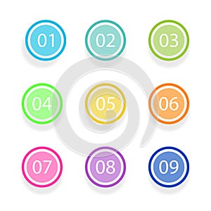 Number Bullet Points Flat Circle set on white background. Colorful color with number from 01 to 09 for your design. vector