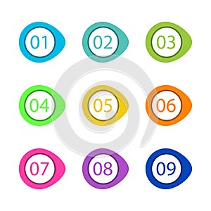 Number Bullet Points Flat Circle set on white background. Colorful color with number from 01 to 09 for your design. vector