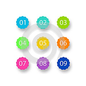 Number Bullet Points Flat Circles set on white background. Colorful color with number from 01 to 09 for your design. vector