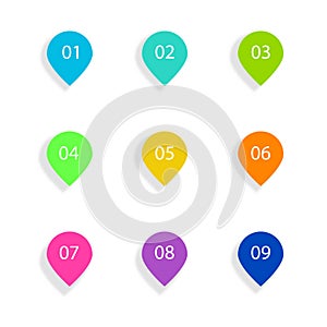 Number Bullet Points Flat Circles set on white background. Colorful color with number from 01 to 09 for your design. vector