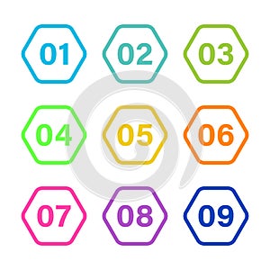 Number Bullet Points Flat hexagon set on white background. Colorful color with numbers from 01 to 09 for your design. vector