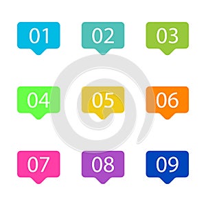 Number Bullet Points Flat square set on white background. Colorful color with numbers from 01 to 09 for your design. vector