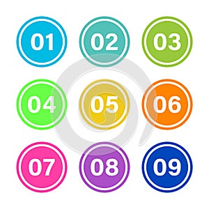 Number Bullet Points Flat square set on white background. Colorful color with numbers from 01 to 09 for your design. vector