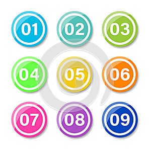 Number Bullet Points Flat square set on white background. Colorful color with numbers from 01 to 09 for your design. vector