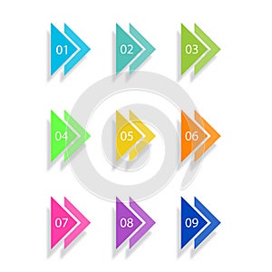 Number Bullet Points Flat Triangles set on white background. Colorful color with number from 01 to 09 for your design. vector