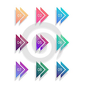 Number Bullet Points Flat Triangles set on white background. Colorful color with number from 01 to 09 for your design. vector
