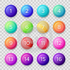 Number bullets. Circle buttons with color gradients and numbers. Isolated web button vector set