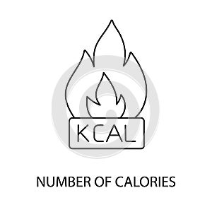Number of calories line icon vector for food packaging, illustration of fire flame and kcal lettering.