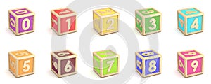 Number collection wooden alphabet blocks font rotated. 3D photo