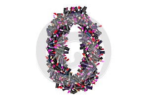 Number 0 from colored lipsticks, 3D rendering