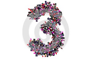Number 3 from colored lipsticks, 3D rendering