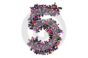 Number 5 from colored lipsticks, 3D rendering