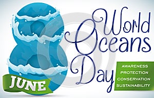 Number Covered in Waves, Ribbon and Precepts for Oceans Day, Vector Illustration