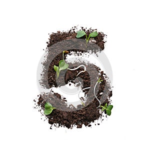 Number created using earth with young sprouts isolated on white.