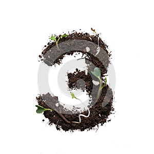 Number created using earth with young sprouts isolated on white.
