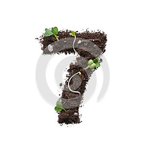 Number created using earth with young sprouts isolated on white.
