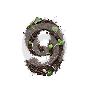 Number created using earth with young sprouts isolated on white.