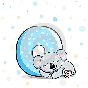 Number with cute baby koala animals for newborn children 0 years old. Vector illustration for kids