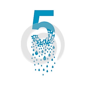 The number 5 dissolves into droplets. Drops of liquid fall out as precipitation. Destruction effect. Dispersion photo