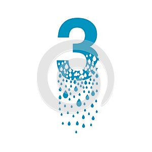 The number 3 dissolves into droplets. Drops of liquid fall out as precipitation. Destruction effect. Dispersion photo
