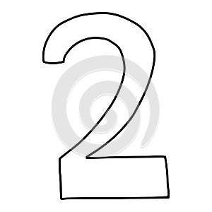 The number 2 drawn in the Doodle style.Outline drawing by hand.Black and white image.Monochrome.Mathematics and arithmetic.Vector photo