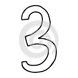 The number 3 drawn in the Doodle style.Outline drawing by hand.Black and white image.Monochrome.Mathematics and arithmetic.Vector photo