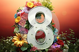 number 8 eight , on the background of flowers 8 march, happy womens day greeting banner
