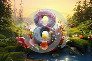 number 8 eight , on the background of flowers 8 march, happy womens day greeting banner