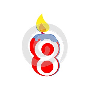 number eight birthday candle on clean white backdrop