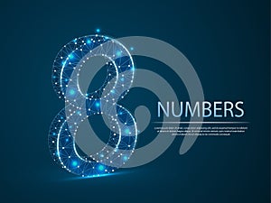 Number eight 3D low poly abstract illustration.Vector digit 8 wireframe concept.
